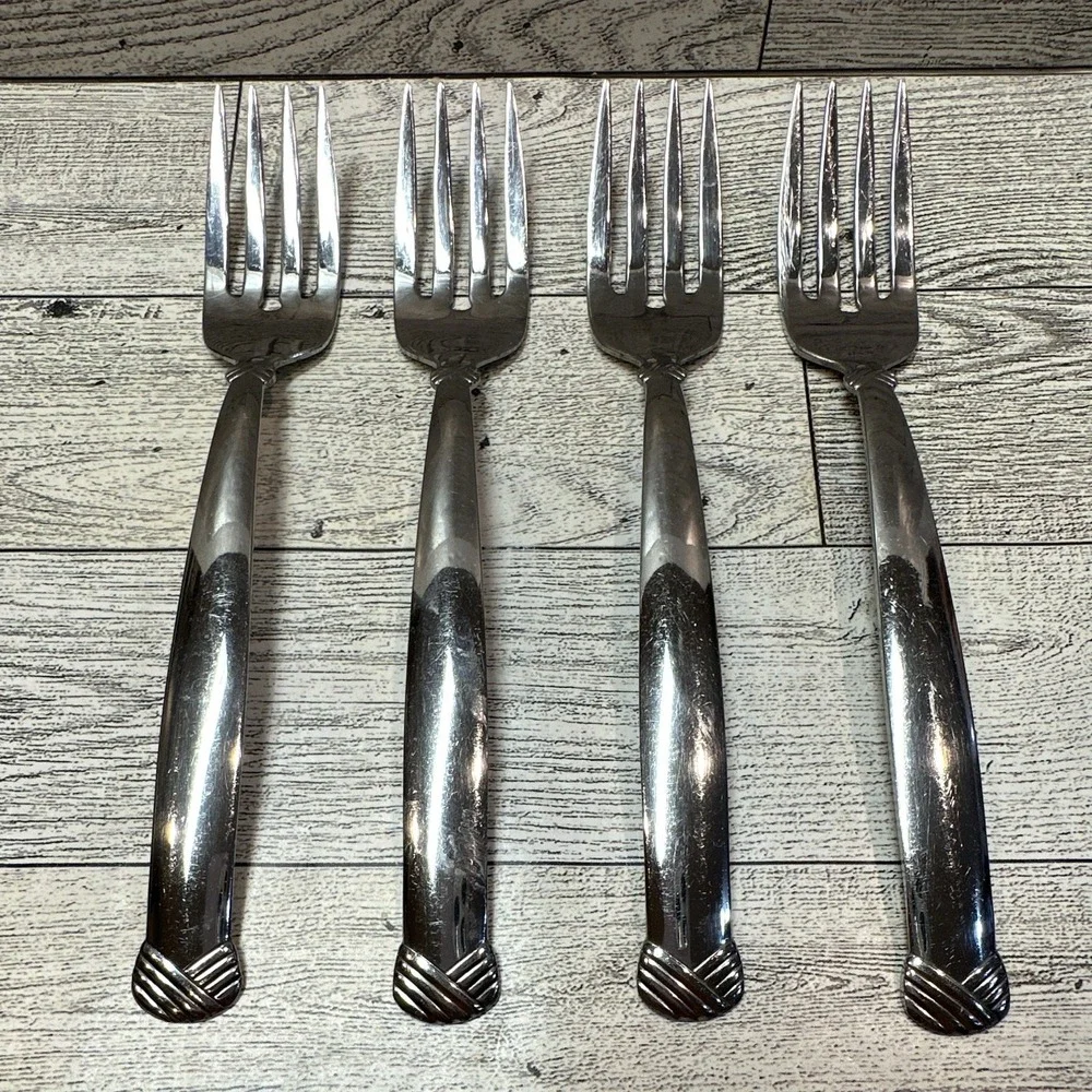 Oneida USA Rattan Stainless Steel Shiny Silver Etched Flatware 4PC Vintage Forks